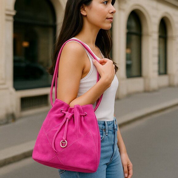 👜 Donald J Pliner Pink Faux Suede Drawstring Shoulder Bag - Picture 2 of 15